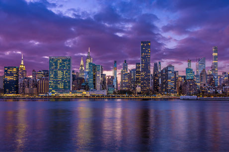 Skyline of commercial real estate in a city.