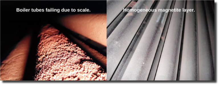 An illustration of how EcoSHIELD protects equipment, with the boiler tubes failing due to scale before treatment and a homogeneous magnetite layer after treatment