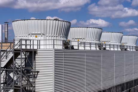 Cooling towers from a cooling water system on top of a building