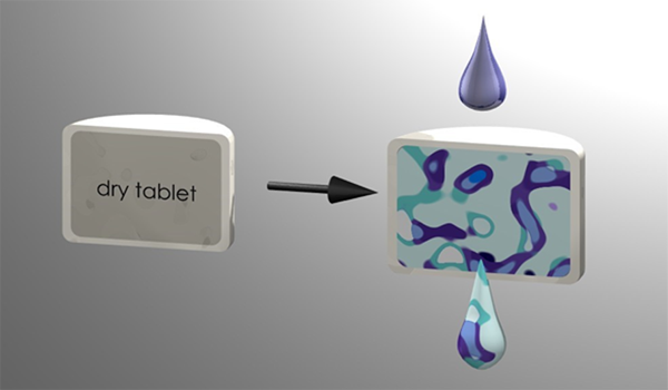 Illustration of EcoSAFE's solid feed water treatment chemistry, and how a dry tablet transfers chemistry to the water