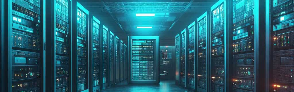 Inside view of a data center, showing the computing equipment that relies on an effective cooling system and water treatment for the data center