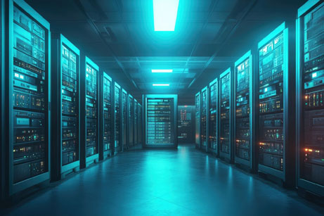 Inside view of a data center, showing the computing equipment that relies on an effective cooling system and water treatment for the data center